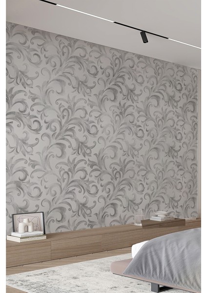Açık Gri Zemin Gri Barok Dal Desenli Tekstil Duvar Kağıdı fiyatları