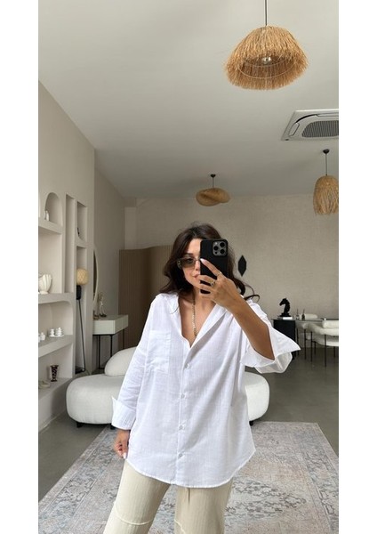 Kadın Flamlı Keten Tek Cep Oversızed Gömlek fiyatları