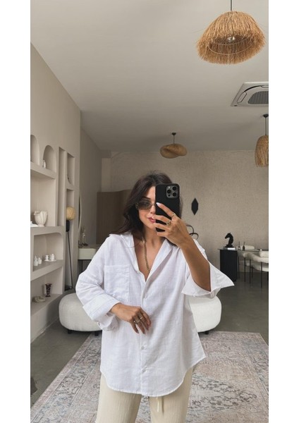 Kadın Flamlı Keten Tek Cep Oversızed Gömlek fırsatları