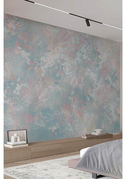 Pastel Mavi Pembe Çiçekli Tek Parça Tekstil Duvar Kağıdı