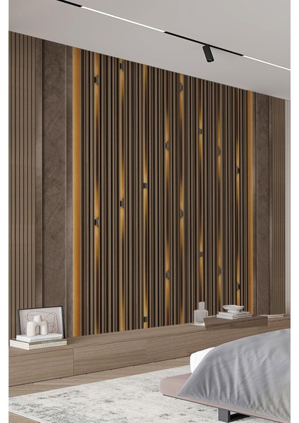Modern Ahşap Çizgili LED Efektli Tekstil Duvar Kağıdı – Otel, Kafe ve Ev Dekorasyonu