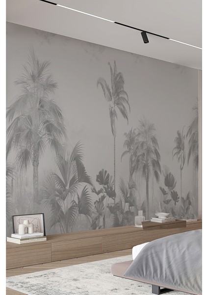 Modern Gri Palmiye ve Tropikal Ağaç Desenli Tekstil Duvar Kağıdı
