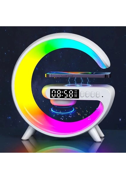 G Lamba Kablosuz Şarj Özellikli Saat &amp; Alarm LED Işıklı Bluetooth Hoparlör Masa Lambası (5313)