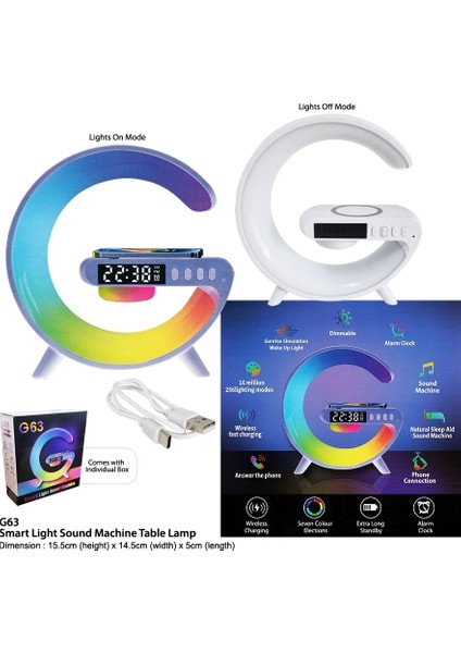 G Lamba Kablosuz Şarj Özellikli Saat &amp; Alarm LED Işıklı Bluetooth Hoparlör Masa Lambası (5313) fırsatları