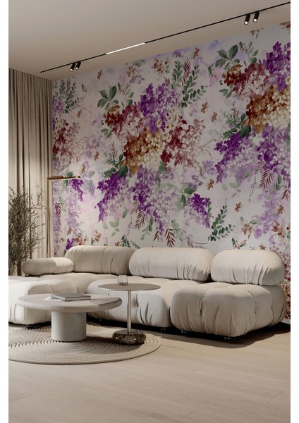 Mor ve Kahverengi Çiçek Desenli Tekstil Duvar Kağıdı
