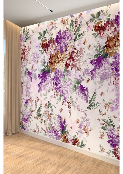 Mor ve Kahverengi Çiçek Desenli Tekstil Duvar Kağıdı fiyatları