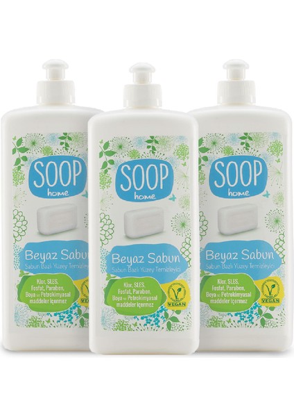 Home Beyaz Sabun Yüzey Temizleyici 3 x 1 L | Bitkisel Yağ Sabunu Bazlı | Klor SLES Fosfat Paraben Boya İçermez | İz Ve Leke Bırakmaz, Çizmeden Temizler, Durulama Gerektirmez |
