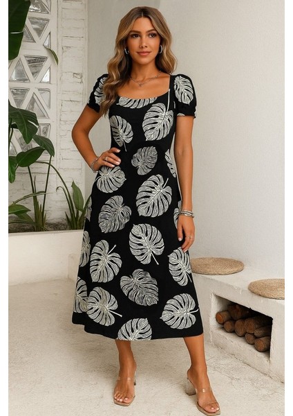 Kadın Kısa Kollu Geometrik Yaka Yırtmaçlı Puantiyeli Midi Örme Krep Elbise