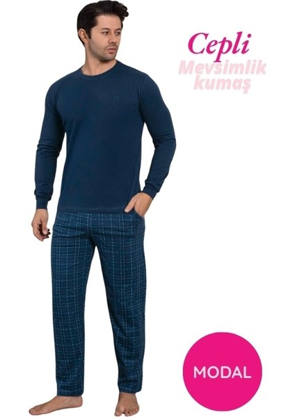 Erkek Bisiklet Yaka Düğmesiz Ekose Desen Modal Mevsimlik Uzun Kol Manşetli Cepli Pijama Takımı