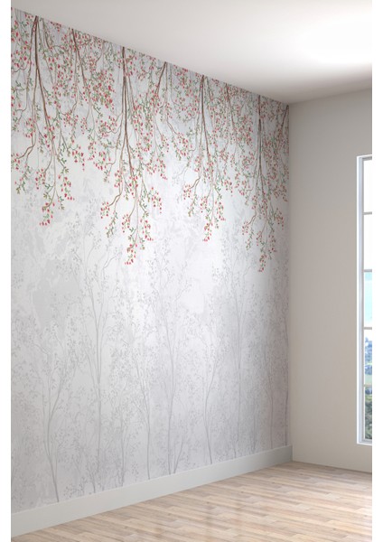 Gri Mermer Üzeri Pembe Çiçekli Ince Dal Motifli Tekstil Duvar Kağıdı