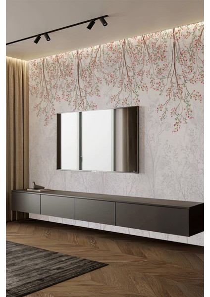 Gri Mermer Üzeri Pembe Çiçekli Ince Dal Motifli Tekstil Duvar Kağıdı fiyatları