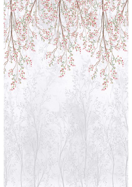 Gri Mermer Üzeri Pembe Çiçekli Ince Dal Motifli Tekstil Duvar Kağıdı modelleri