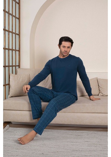 Erkek Bisiklet Yaka Düğmesiz Ekose Desen Modal Mevsimlik Uzun Kol Manşetli Cepli Pijama Takımı modelleri