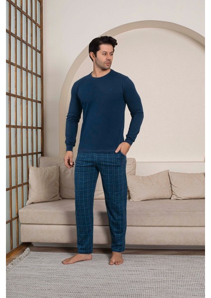 Erkek Bisiklet Yaka Düğmesiz Ekose Desen Modal Mevsimlik Uzun Kol Manşetli Cepli Pijama Takımı fırsatları