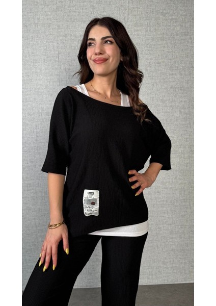 Kadın Kısa Kollu Omuzlardan Açık Yarasa Kollu Bürümcük Bluz ve Pantolon ve Viskon Atlet fiyatları