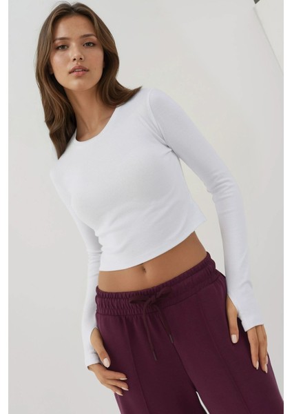 Kadın Esnek Bisiklet Yaka Uzun Kollu Kısa Üst Busem Collection White