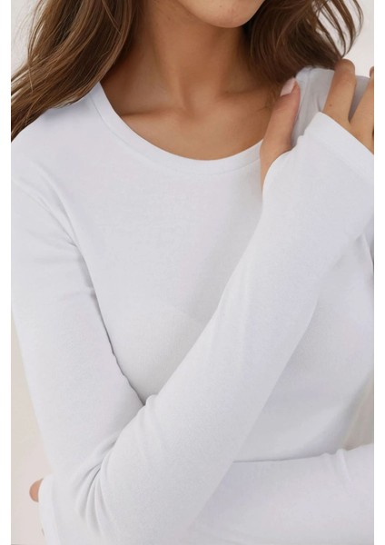 Kadın Esnek Bisiklet Yaka Uzun Kollu Kısa Üst Busem Collection White fiyatları