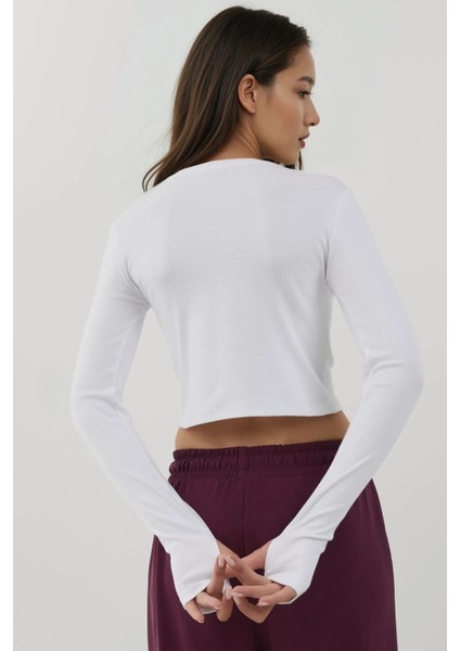 Kadın Esnek Bisiklet Yaka Uzun Kollu Kısa Üst Busem Collection White fırsatları