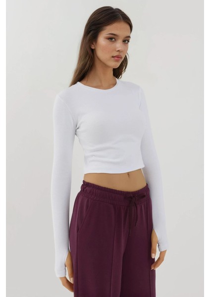 Kadın Esnek Bisiklet Yaka Uzun Kollu Kısa Üst Busem Collection White indirimleri