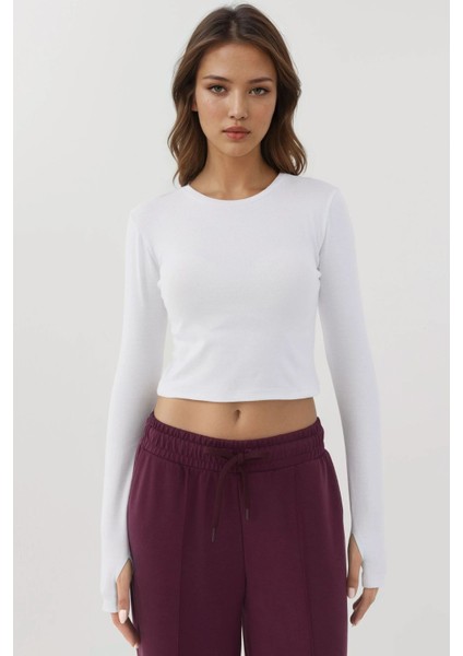 Kadın Esnek Bisiklet Yaka Uzun Kollu Kısa Üst Busem Collection White