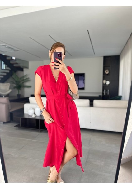 Kadınn V Yaka Düğme Detay Kuşak Dahil Elbise modelleri