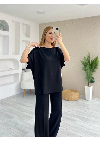 Kadın Kısa Kollu Kayık Yakalı Dikiş Izi Detaylı Viskon Iki Iplik Bluz ve Pantolon Ikili Takım fiyatları