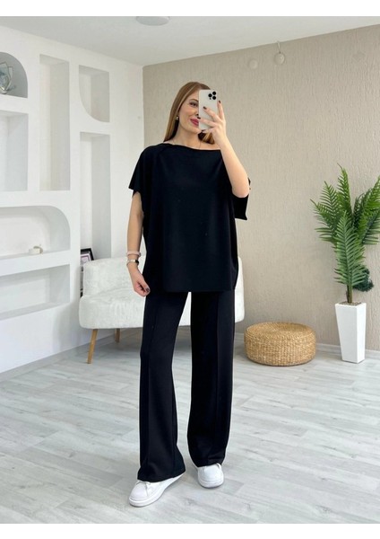 Kadın Kısa Kollu Kayık Yakalı Dikiş Izi Detaylı Viskon Iki Iplik Bluz ve Pantolon Ikili Takım modelleri