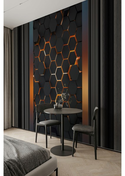 Siyah Altın Hexagon Petek Desenli Tek Parça Tekstil Duvar Kağıdı