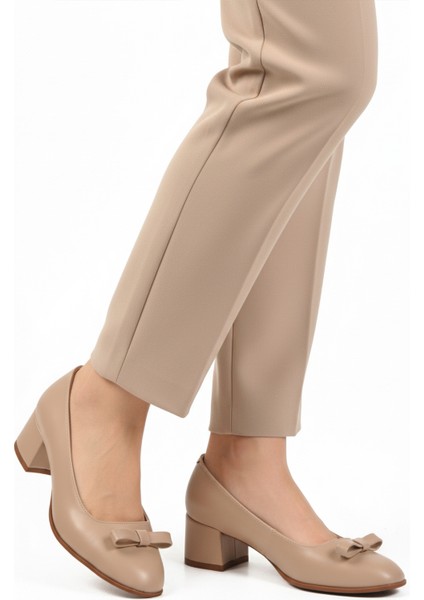 Bej Cilt Fiyonk Kurdeleli Kadın Topuklu Ayakkabı 519081 Z