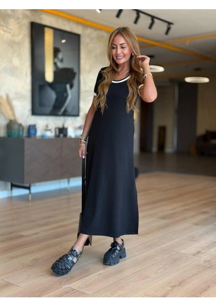 Kadın Kısa Kollu Yuvarlak Yaka Yandan Yırtmaçlı Midi Viskon Elbise