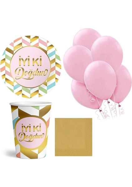 Altın Iyi Ki Doğdun Karnaval Parti Seti Pembe 8 Kişilik