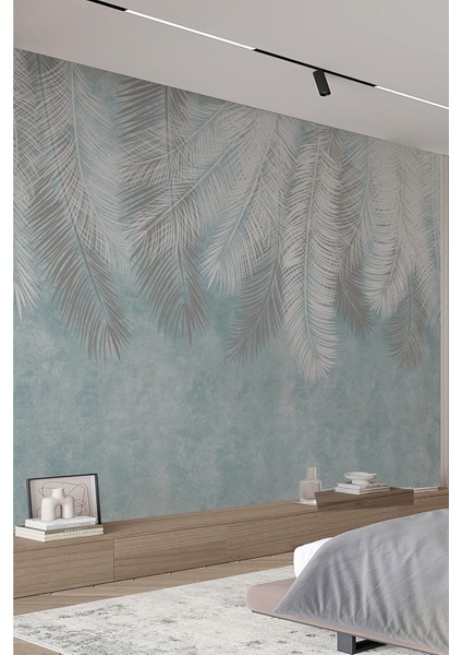 Tropikal Yaprak Desenli Soft Mavi Gri Modern Duvar Kağıdı