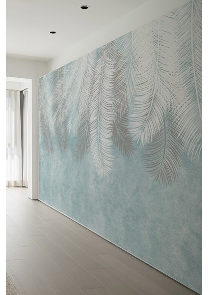 Tropikal Yaprak Desenli Soft Mavi Gri Modern Duvar Kağıdı fiyatları