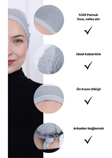 Fırfırlı Önden Dikişli Penye Bone - Kadın Tesettür Bağlamalı Topuz Iç Bone Açık Gri modelleri