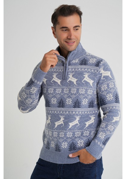 Erkek Kısa Fermuarlı Dik Yaka Jakarlı Geyikli Yün Yılbaşı Kazak TRIST-5362