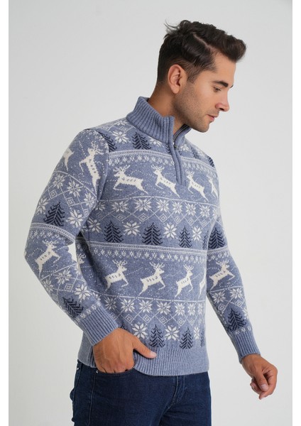 Erkek Kısa Fermuarlı Dik Yaka Jakarlı Geyikli Yün Yılbaşı Kazak TRIST-5362 fiyatları