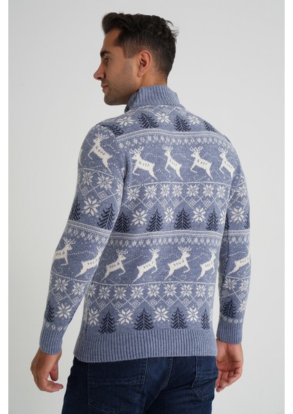 Erkek Kısa Fermuarlı Dik Yaka Jakarlı Geyikli Yün Yılbaşı Kazak TRIST-5362 modelleri