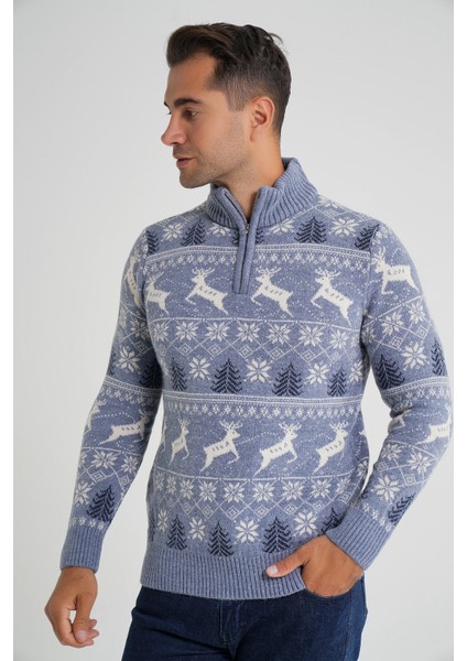 Erkek Kısa Fermuarlı Dik Yaka Jakarlı Geyikli Yün Yılbaşı Kazak TRIST-5362 fırsatları