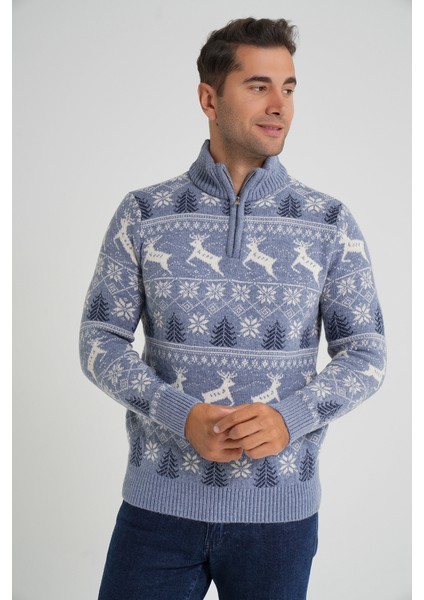 Erkek Kısa Fermuarlı Dik Yaka Jakarlı Geyikli Yün Yılbaşı Kazak TRIST-5362 indirimleri