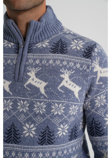 Erkek Kısa Fermuarlı Dik Yaka Jakarlı Geyikli Yün Yılbaşı Kazak TRIST-5362