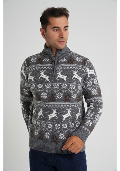 Erkek Kısa Fermuarlı Dik Yaka Jakarlı Geyikli Yün Yılbaşı Kazak TRIST-5362