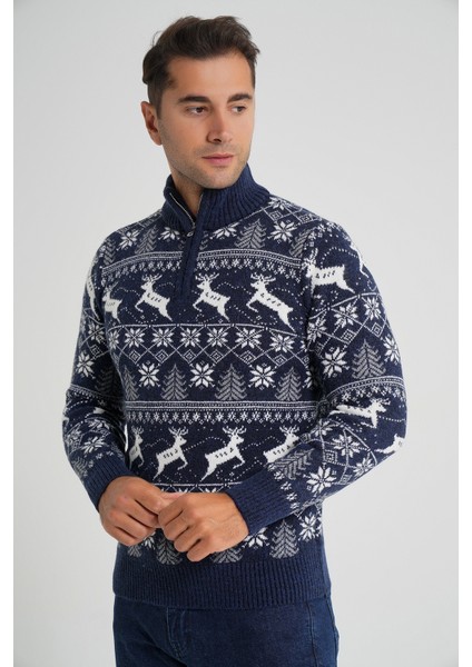 Erkek Kısa Fermuarlı Dik Yaka Jakarlı Geyikli Yün Yılbaşı Kazak TRIST-5362