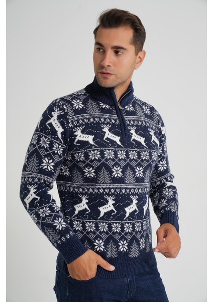 Erkek Kısa Fermuarlı Dik Yaka Jakarlı Geyikli Yün Yılbaşı Kazak TRIST-5362 fiyatları