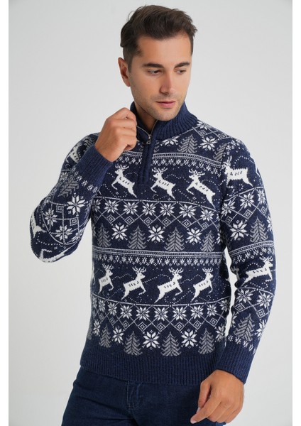 Erkek Kısa Fermuarlı Dik Yaka Jakarlı Geyikli Yün Yılbaşı Kazak TRIST-5362 fırsatları
