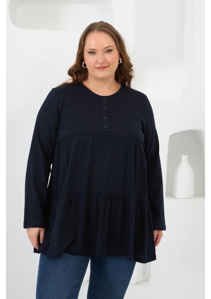 Düğme Detaylı Fırfırlı Büyük Beden Tunik Lacivert