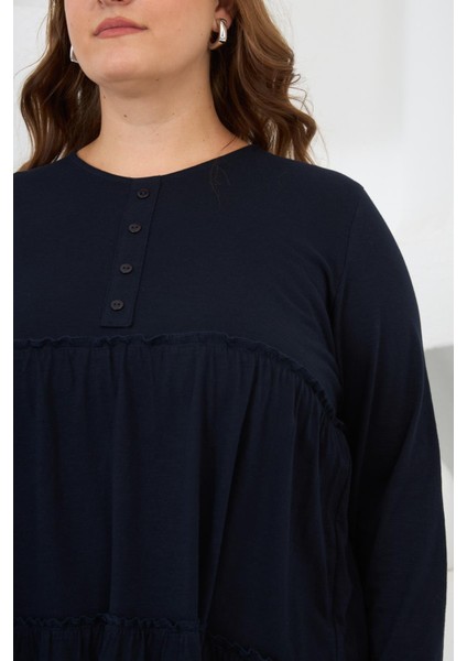 Düğme Detaylı Fırfırlı Büyük Beden Tunik Lacivert fiyatları