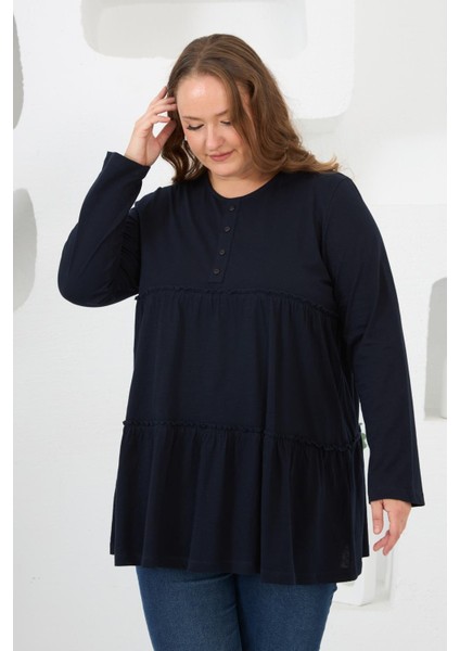 Düğme Detaylı Fırfırlı Büyük Beden Tunik Lacivert modelleri