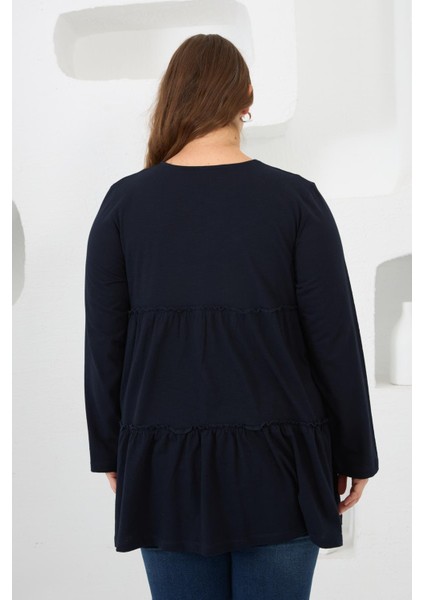Düğme Detaylı Fırfırlı Büyük Beden Tunik Lacivert indirimleri