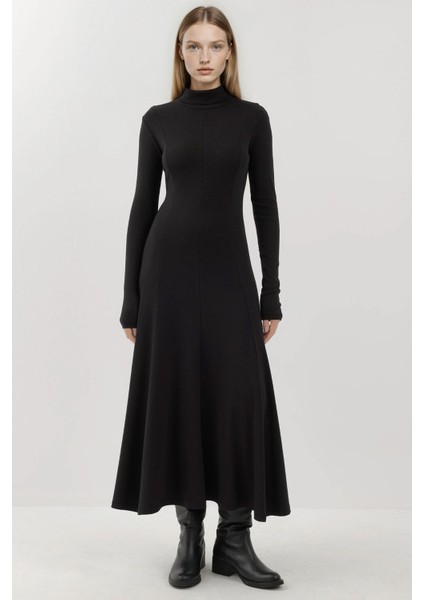 Kadın Dokulu Yarım Balıkçı Yaka Uzun Elbise Busem Collection Black