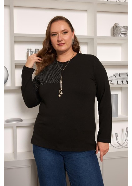 Büyük Beden File ve Kolye Detay Bluz Siyah modelleri